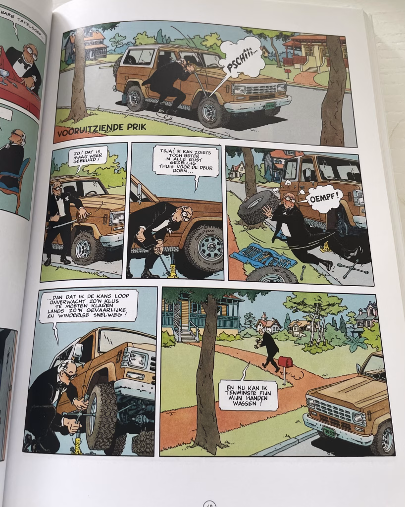 Strip met 6 plaatjes. Plaatje 1: Sjef steekt een autoband lek met een groot zwaard. Dit maakt geluid: "Pschiii..." Plaatje 2: Sjef steekt het zwaard in een schede en zegt: "Zo! Dat is maar weer gebeurd." Plaatje 3: Sjef gebruikt een krik om de auto op te tillen en zegt: "Tsja! Ik zoiets toch beter in alle rust gezellig thuis voor de deur doen..." Plaatje 4: Sjef trekt met moeite het wiel met de band van de auto. Hij zegt: "Oempf!" Plaatje 5: Sjef bevestigt een reservewiel en zegt: "...Dan dat ik de kans loop onverwacht zo'n klus te moeten klaren langs zo'n gevaarlijke en winderige snelweg" Plaatje 6: Sjef loopt terug naar zijn huis en zegt: "En nu kan ik teminste fijn mijn handen wassen!"